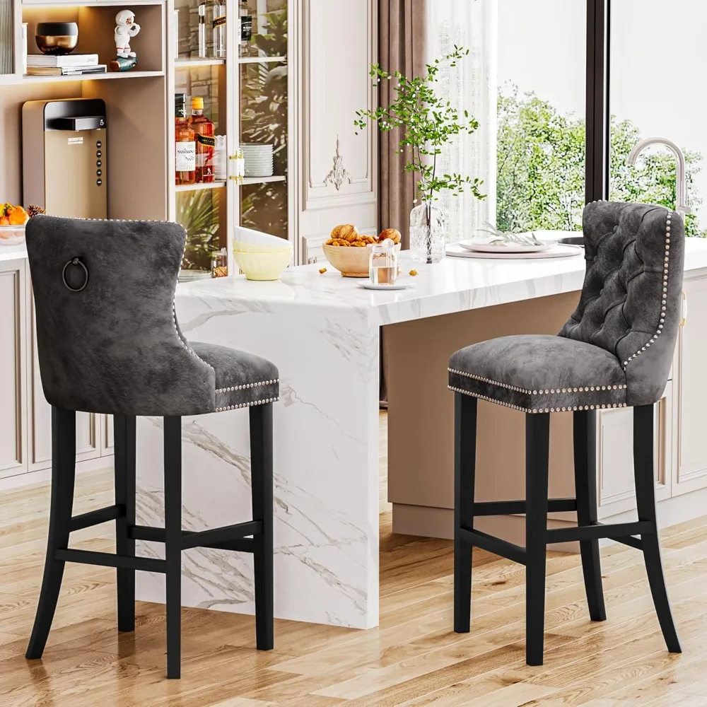 27 inches high bar stool set of 4, velvet tufted high bar stool with backrest and footrests, upholstered bar stool for the bars