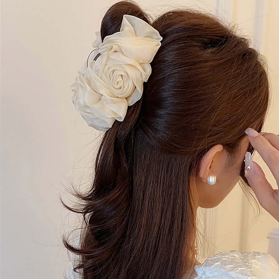 VANIKA New Summer Sweet Tulle Big Bow Hair Claw Clips for Women Solid colours Elegant floral Ponytail Clip Headdress Accessories