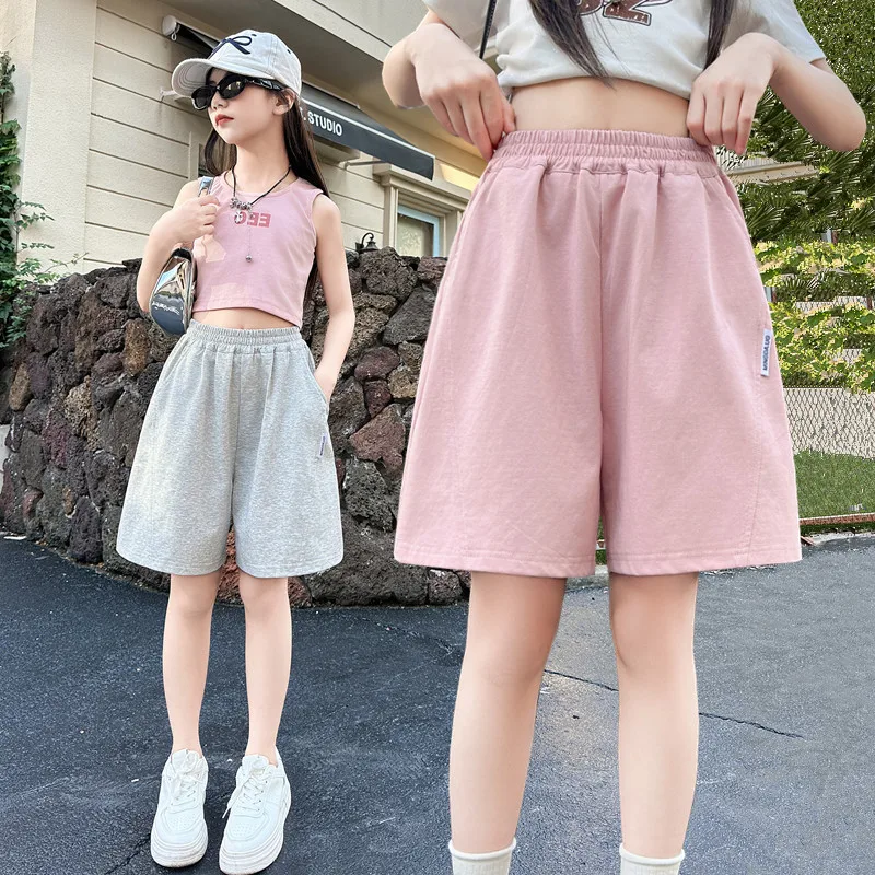 Brief Style Kids Summer Cotton Knit Shorts for Teen Girls Casual Vacation Beach Shorts Child Pink Grey Color Loose Fit Bottoms