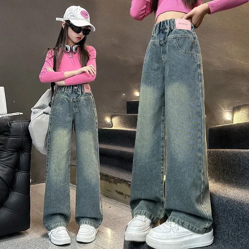 Long Pants Baggy Denim Trousers for 4-16yrs Kids New 2025 Spring Teenagen Girls Jeans Five-Pointed Star Embroidered Wide Leg