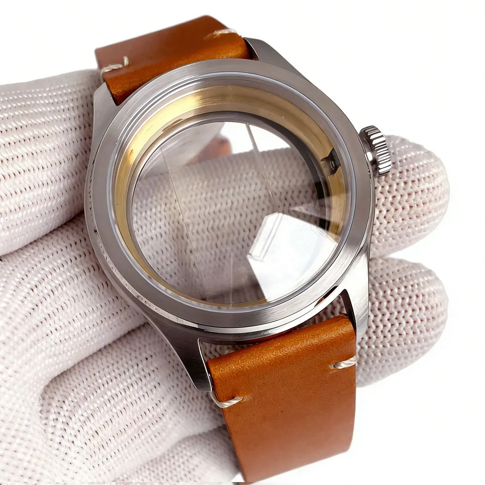 38mm Vintage Watch Case Leather Band Sapphire Glass for NH34 NH35 NH36 ETA 2824 Movement Watch Parts 100m Waterproof NH35 Case