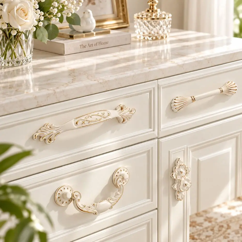 European Style Zinc Alloy Cabinet Handles Ivory White Elegant Door Pulls Rust Resistant Furniture Handle Home Furniture