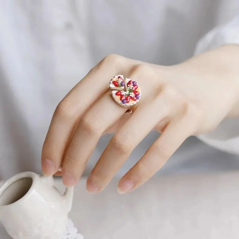 French Style Beautiful and Delicious Shokugan Open Ring Strawberry Tart Ring Niche Design Ring Christmas GiftsCute Girl Rings