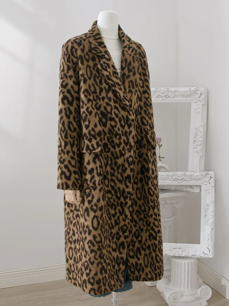 LANMREM Leopard Print Medium Length Woolen Coat For Women Winter Warm Wear Niche Design Loose Clothing Streetwear 32A391