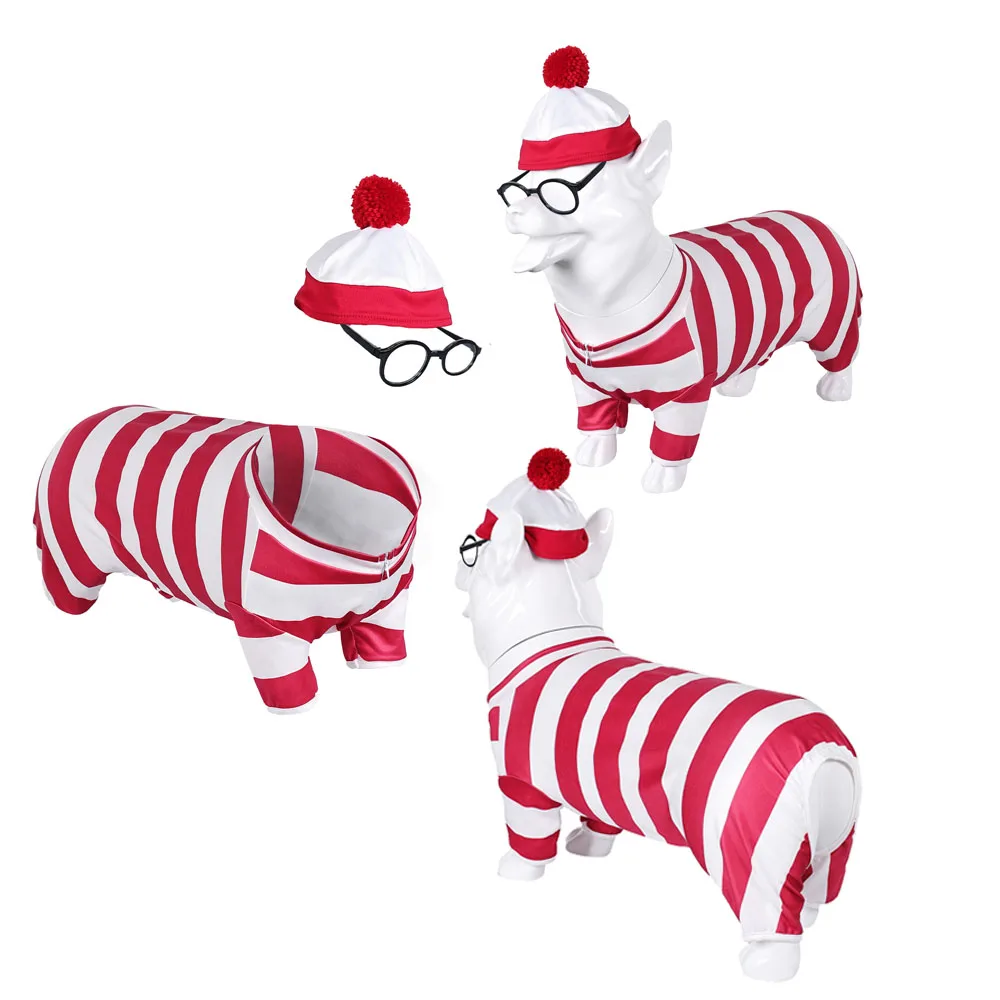 Wally the Dog Pet Dog Cosplay Red White Clothing Glasses Where's Wally Waldo Halloween Carnival Party Costume Hat Outfits