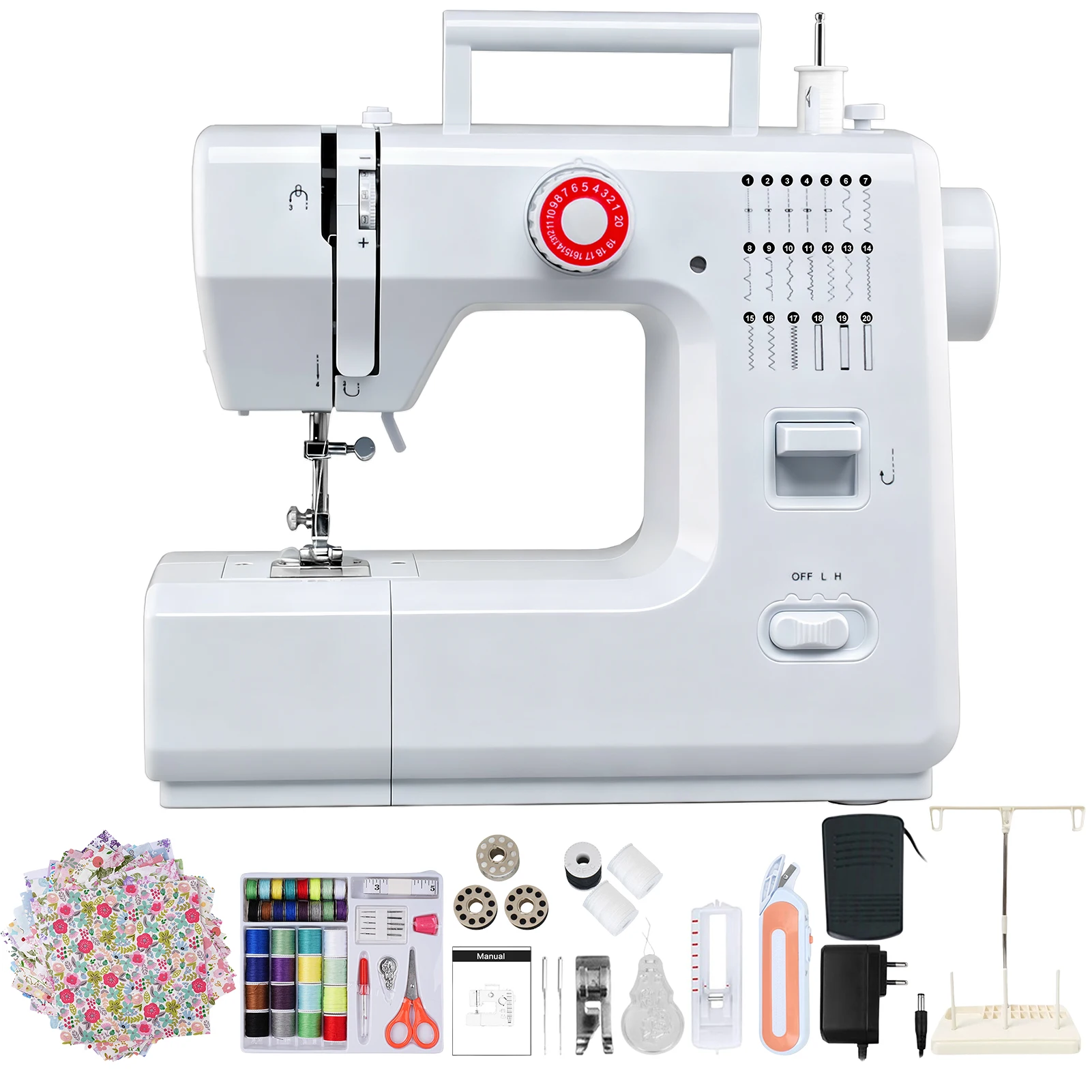 618 Mini-Elektro-Nähmaschine mit 42-teiligem Nähset + 25-teiligem Patchwork-Set + Fadenhalter, horizontales Rotations-Nähwerk-Design, EU-Version