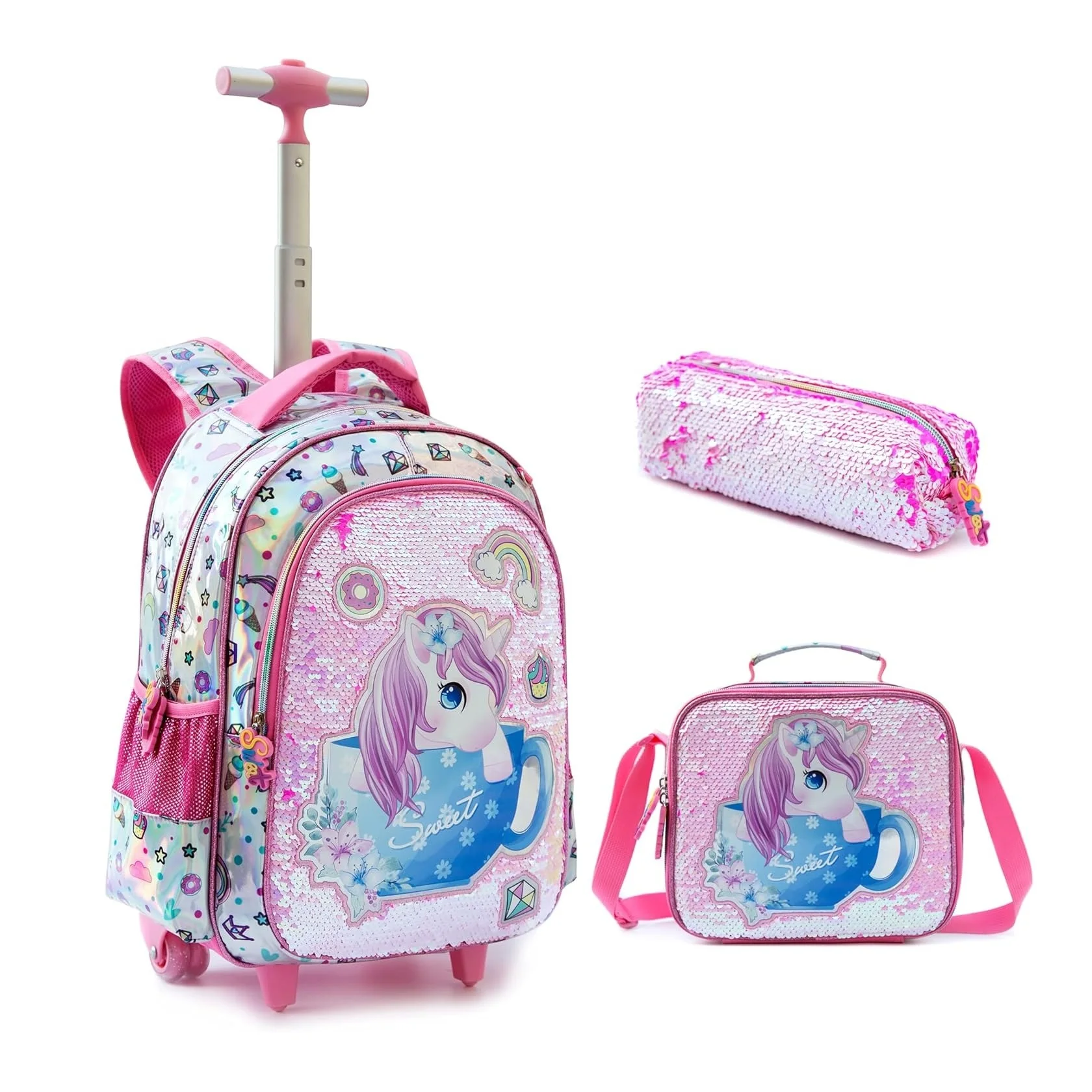 

3PCS School Wheeled Backpack for Girl Kids Bag Set with Cute Lunch Bag Sequin School Backpacks for Primary Children Girl Wheel