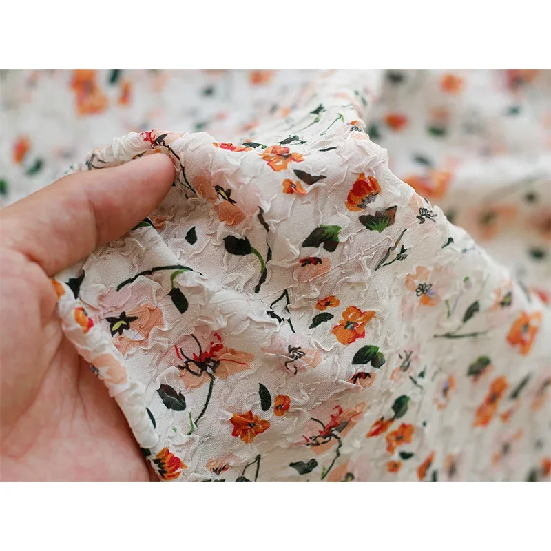 Spring Summer Chiffon Floral Printed Fabric Breathable Embossed Bubble Wrinkle Cloth For Dress Shirt Diy Sewing 50cmx135cm