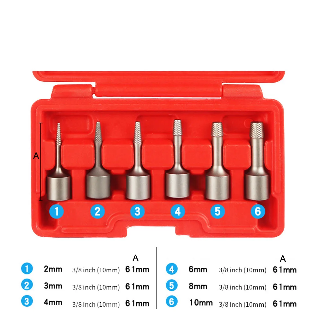 

6PCS Screw Extractor Set Broken Screws 3/8" Drive 2-10mm Removal Tool Spiral Anti Slip Sleeve Damaged Nut Bolt Screw Extractor