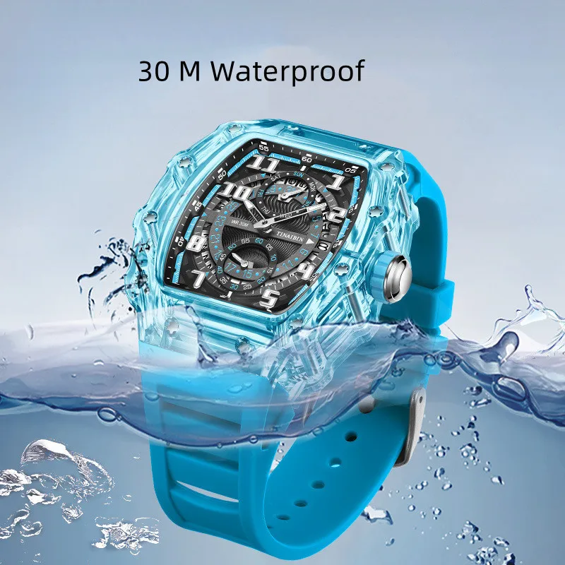 Nuevo diseño transparente Tonneau reloj de cuarzo hombres deporte fuera de puerta cronógrafo relojes de pulsera impermeable banda de silicona montre homme