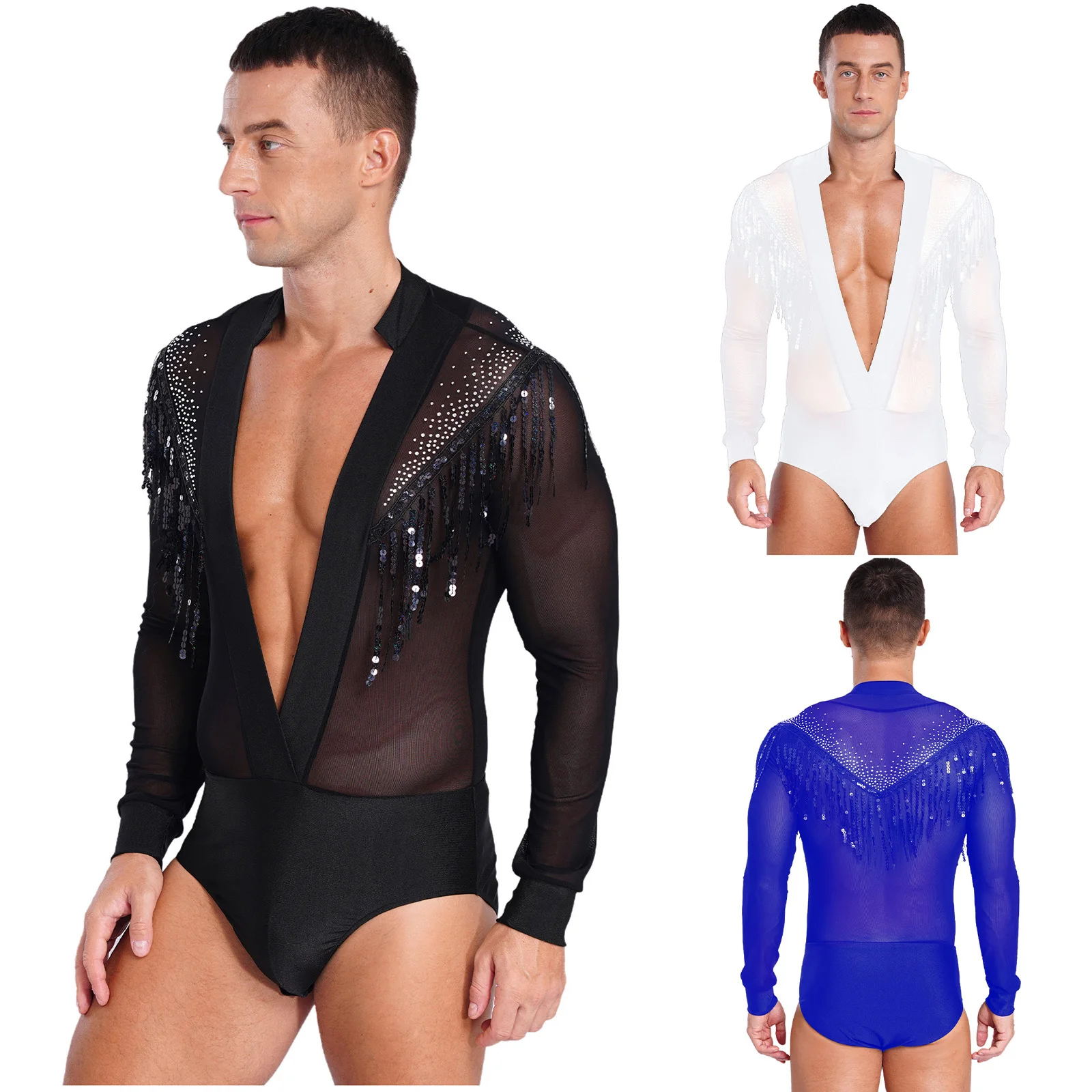 Mens Latin Dance Leotard Deep V-neck Sheer Mesh Patchwork Sequined Tassels Rhinestones Bodysuit for Salsa Competition