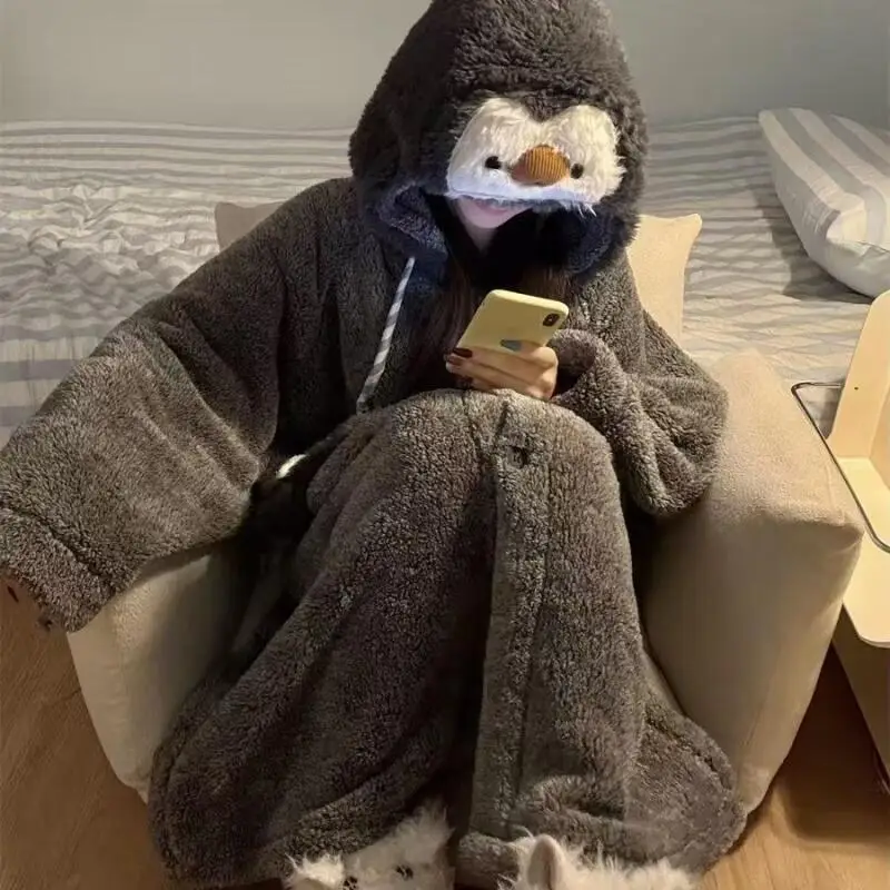 

New Cartoon Kawaii Girl Robe Autumn Winter Pajamas Hooded Sleepwear Coral Fleece Keep Warm Thicken Nightwear Cute Homewear Set