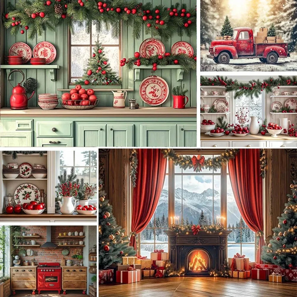 

Christmas Party Backdrops Kitchen Cupboard Kids Adult Photography Backgrounds Windows Snowy Forest Red Trucks Decor Banner
