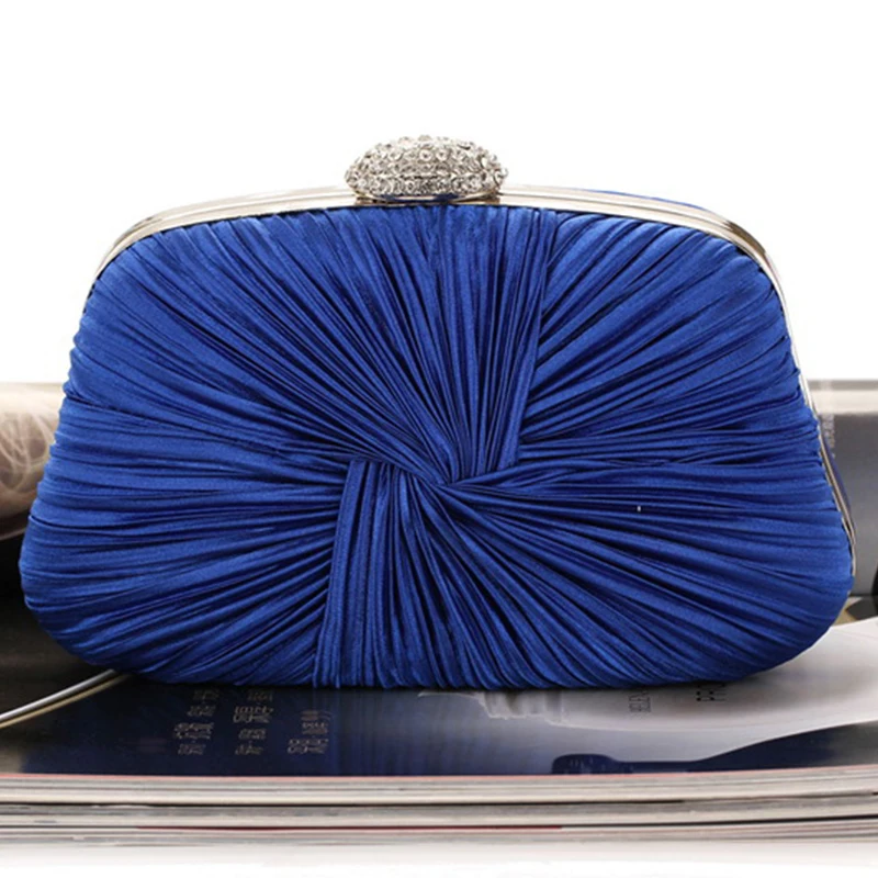 Royal Blue Pleat & Pillow Shaped Clutch Bag Elegant Designer Clutch With Chain Rhinestone Hasp Wedding Bridal Party Purse 2024