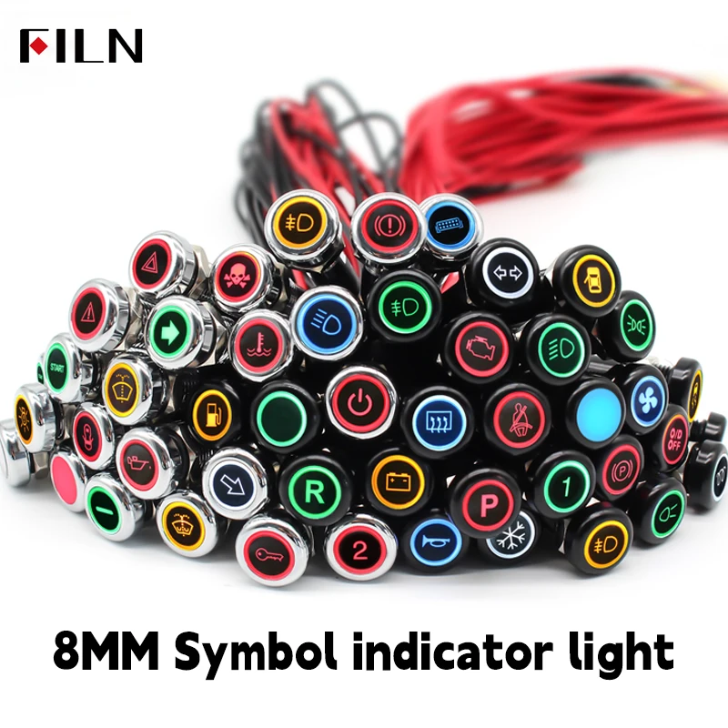 8mm 기호 표시 등 12V-24V LED 자동차 보트 경고 대시 보드 신호 조명 악기 파일럿 라이트 금속 쉘 미니