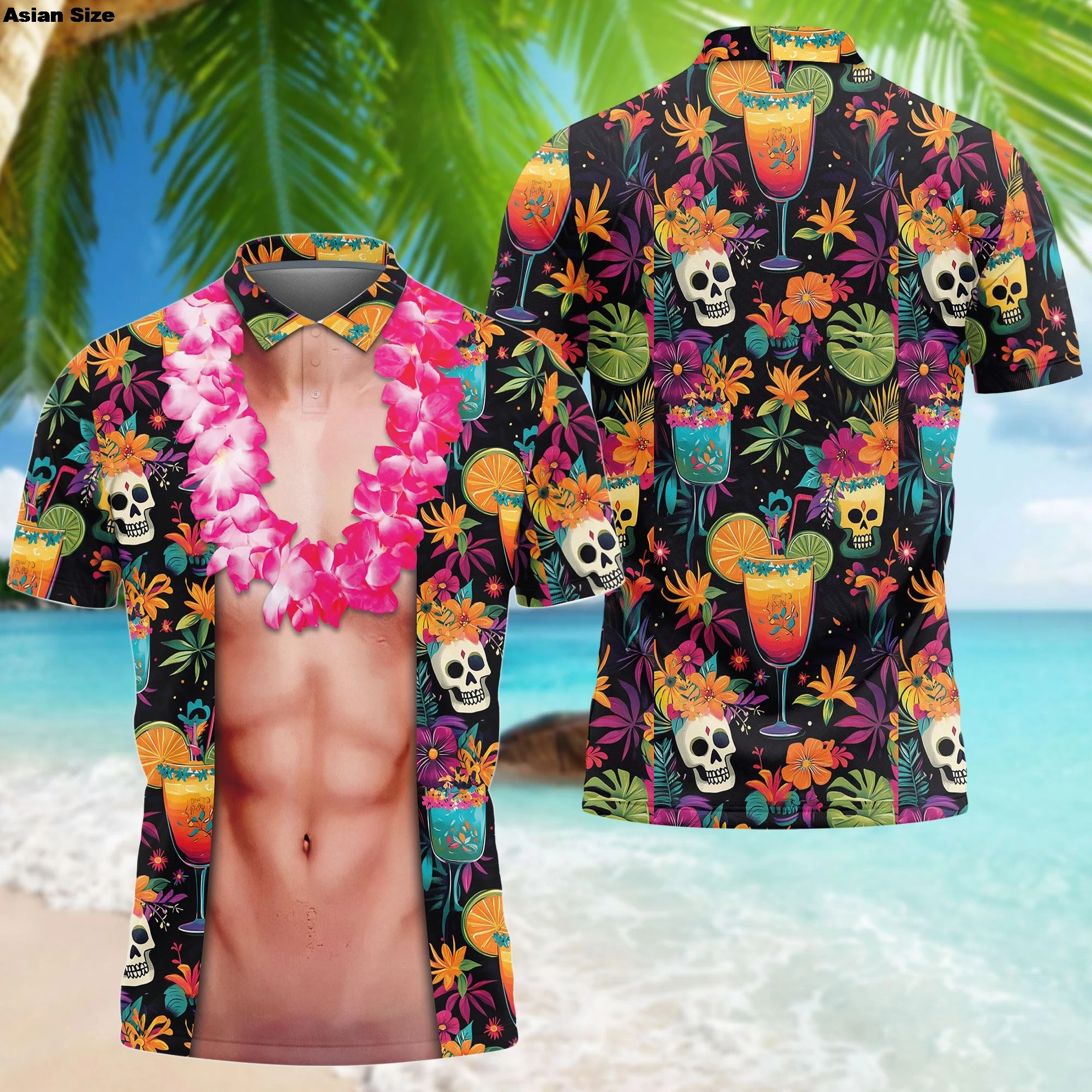 هاواي الصيف قمصان بولو للرجال 3D العضلات الصدر قصيرة الأكمام العادية تناسب قمصان بولو للرجال النساء سلسلة مضحك تصميم الملابس