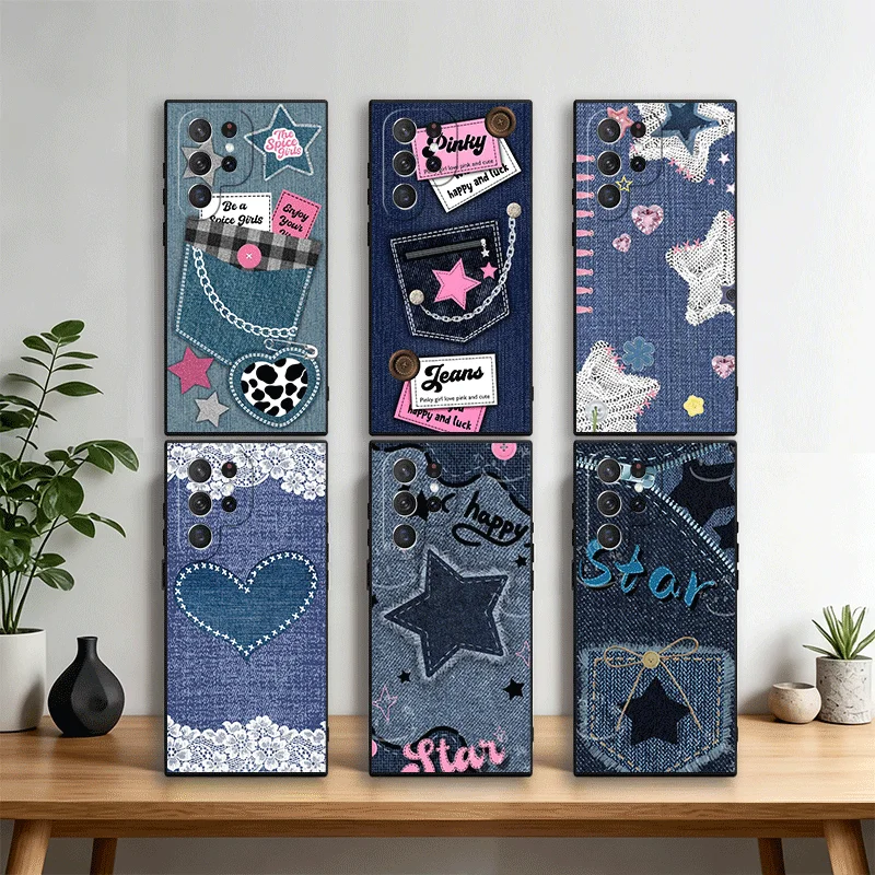 Girlish Heart Star Fashion Jeans Pattern Phone Case Cover for Samsung Galaxy S22 S23 Plus S24 FE S25 Edge S26 Ultra S20 S21 + Bl
