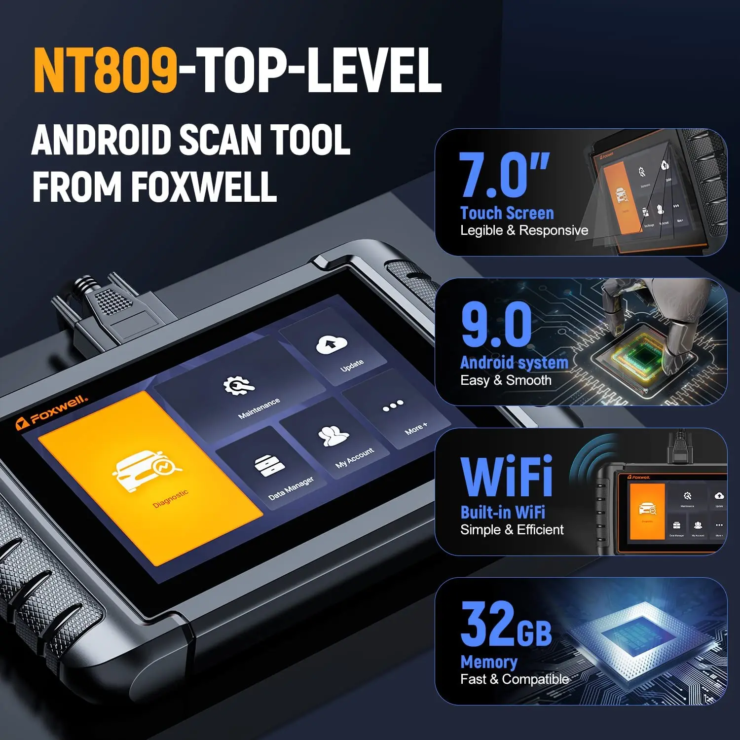 FOXWELL NT809 OBD2 Automotive Scanner Bidirectional Active Test 30 Reset OE-level OBD2 Code Reader Professional Diagnostic Tools