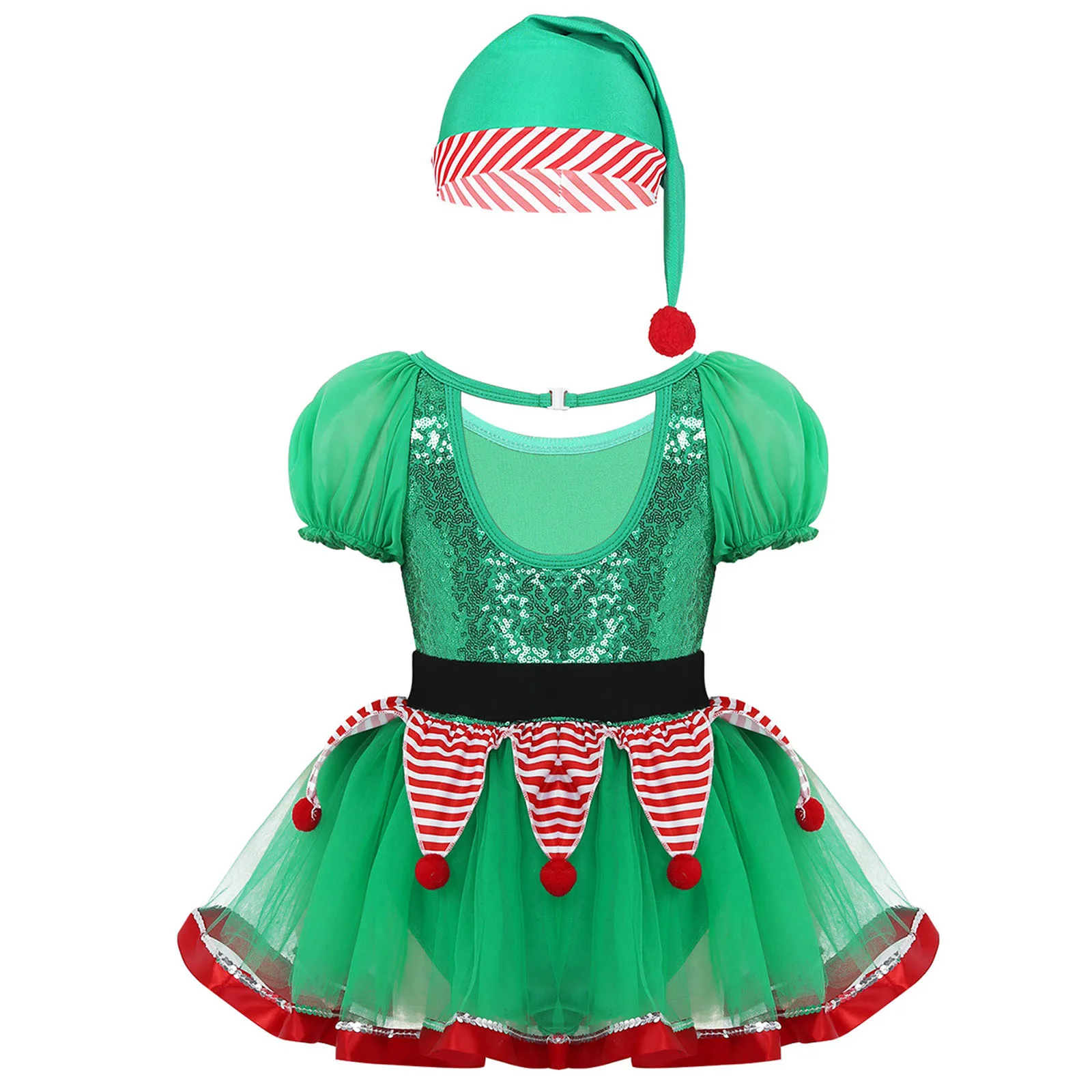 Conjunto de fantasia de elfo de natal para meninas, papai noel, pequeno ajudante, roupa de natal, festa de ano novo, lantejoulas, bastão de doces, tutu, collant, roupa de dança