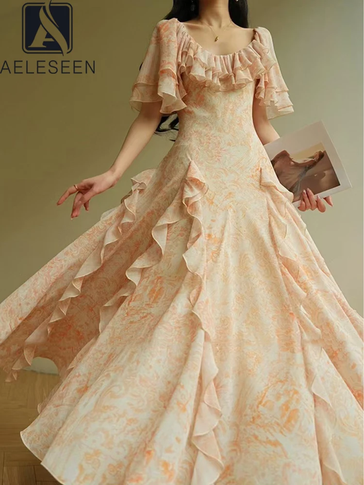 

AELESEEN Runway Fashion Party Dress Women Spring Summer Ruffles Slash Neck Floral Printed Slim Casual Patchwork Female