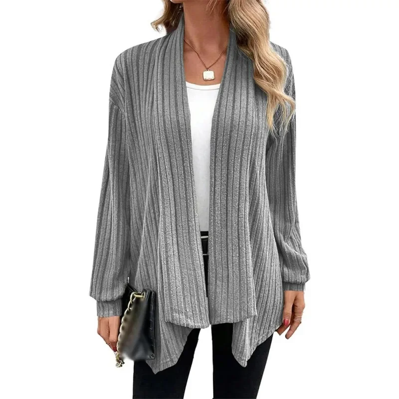 

Модная женская однотонная осенне-зимняя элегантная куртка-кардиган в рубчик нестандартной формы, женская свободная верхняя одежда с длинными рукавами, пальто