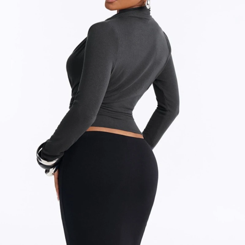 Sexy Bandage Twist Together Wrap Deep V Neck Bare Midriff T Shirt Women Long Sleeves Bottoming Shirt Ladies Tee Shirt Tops Mujer