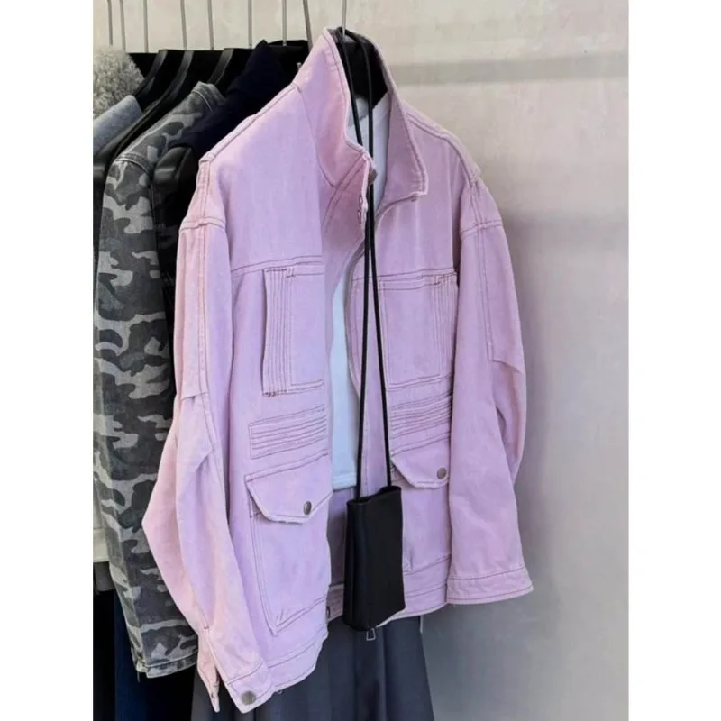 Spring New Korean Casual Loose Purple Denim Jacket Jean Pockets Stand Collar Buttons Casual Punk Women Autumn Coat