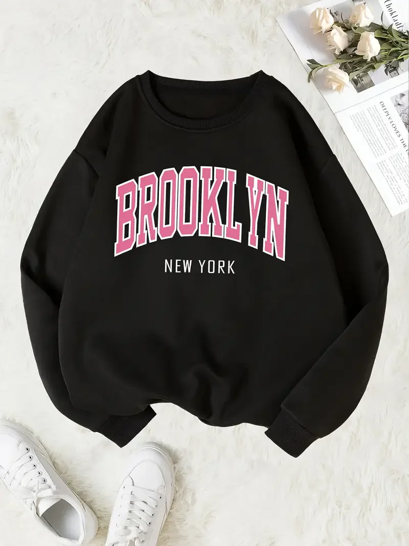 

Толстовка с круглым вырезом, пуловер с принтом Brooklyn, толстовка с круглым вырезом и длинными рукавами, повседневная толстовка, женская одежда, осенне-зимние толстовки
