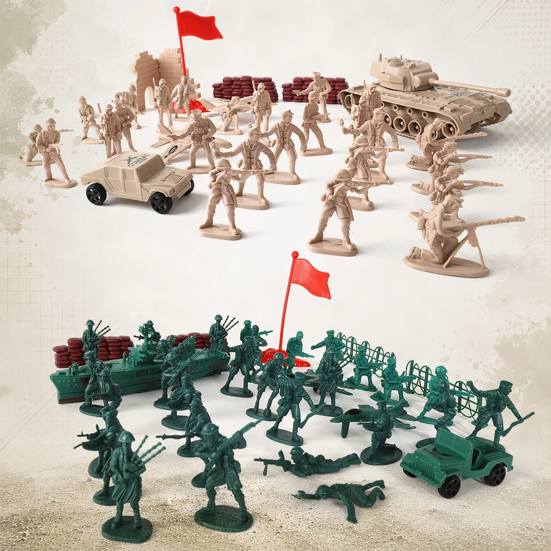 ViiKONDO 70 PCS Military Playset Green vs Tan Soldier Battlefield Armored Vehicle Tank Fighter Warship Model Tabletop Wargaming