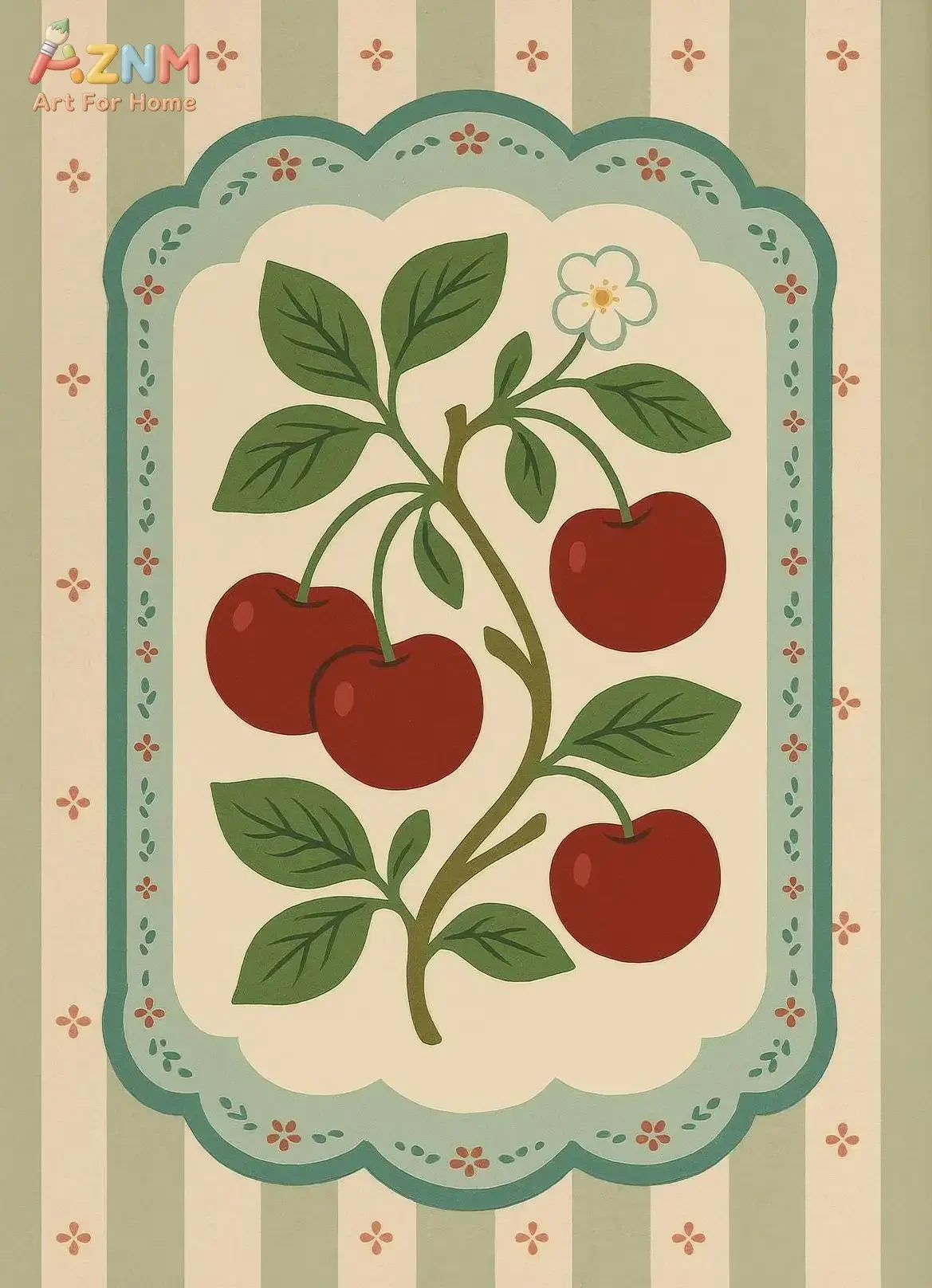 AZNM Vintage Folk Fruit Pumpkin Canvas Wall Art Lemon Cherry Strawberry Blueberry Botanical Striped Border Retro Farmhouse Kitch