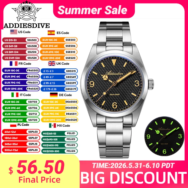 

ADDIESDIVE VH31 Quartz Watches New Retro AD2096 Bubble Mirror Glass Waterproof WristWatch BGW9 Luminous Stainless Men's Watch