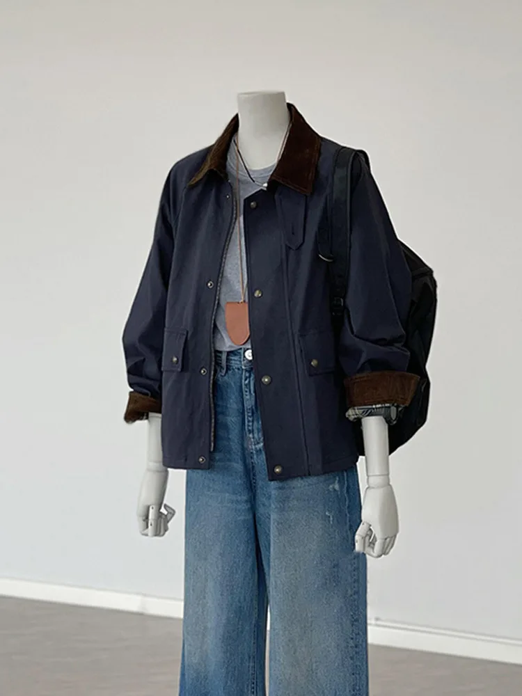 

Loose Casual Women's ort Jaet Korean Sle Vintage Collar Color Blo Windbreaker Coat Pear ape Regular Thin Butto...