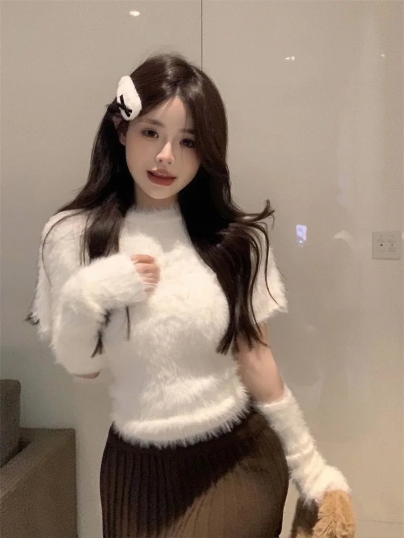 

Detachable Sleeve Knitted Sweater Women Pullovers Aesthetic Jacquard Patterned Balloon Morning Leisure Cottagecore Pastel Tender