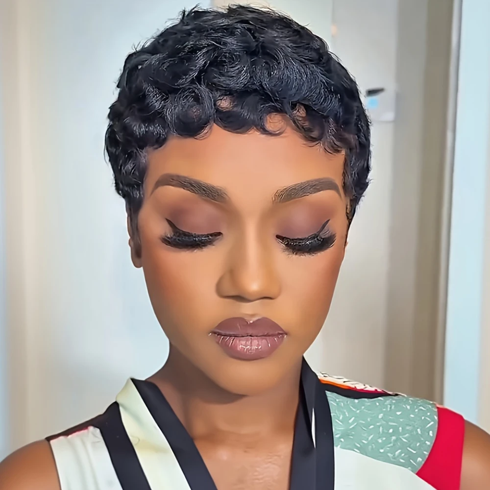 150% Density 6 Inch Pixie Cut Curly Wave Wig Short Human Hair Wigs For Women Full Machine Made Wig