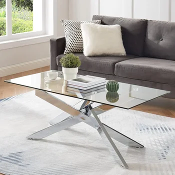 Image Coffee Table, Tempered Glass Top and Metal Tubular Leg, 47.3”Lx23.6”Wx18.1”H