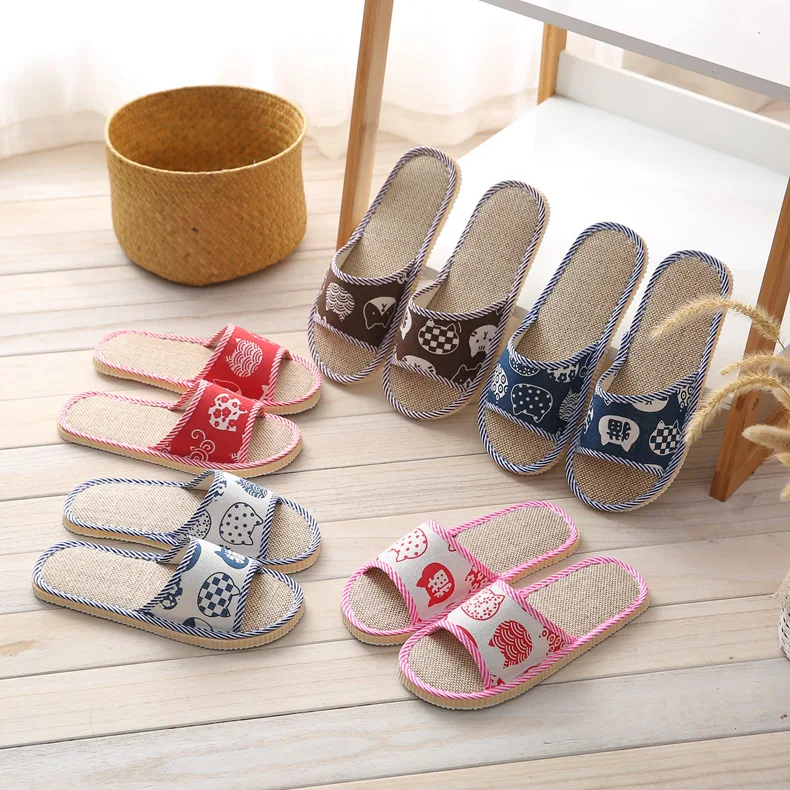 House Flax Slipper Women Four Seasons Cute Indoor Non Slip Funny Sandals Cartoon Kawaii Cat Silence Slides Bedroom House Slipper
