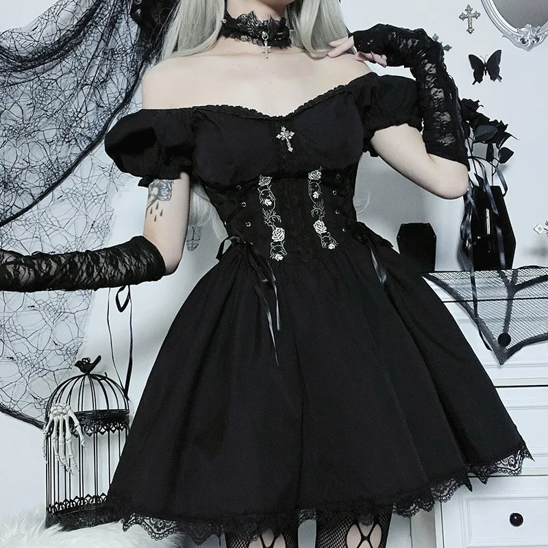 

summer Vintage Gothic Princess Dress Women Dark Harajuku Lace Up Cross Corset Dress Streetwear Partywear Lolita Dress Female
