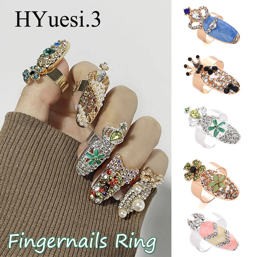 Luxury Rhinestone Crown Opening Fingernails Ring Women'S Adjustable Size Pearl Bowknot Flower Knuckle Nail Cap Cover Ring