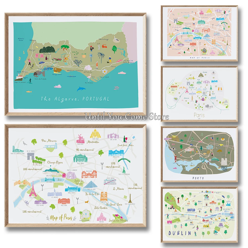 European Travel City Illustrations Maps Posters Printed Canvas Art Images Living Room and Bedroom Walls Modern Home Decor