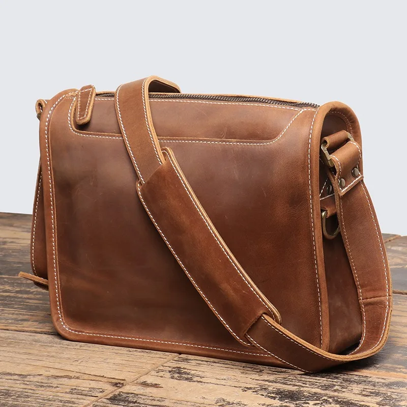 

Nesitu Highend Vintage Brown Black Thick Genuine Crazy Horse Leather Women Men Shoulder Messenger Bag for 12.9'' Ipad M3351