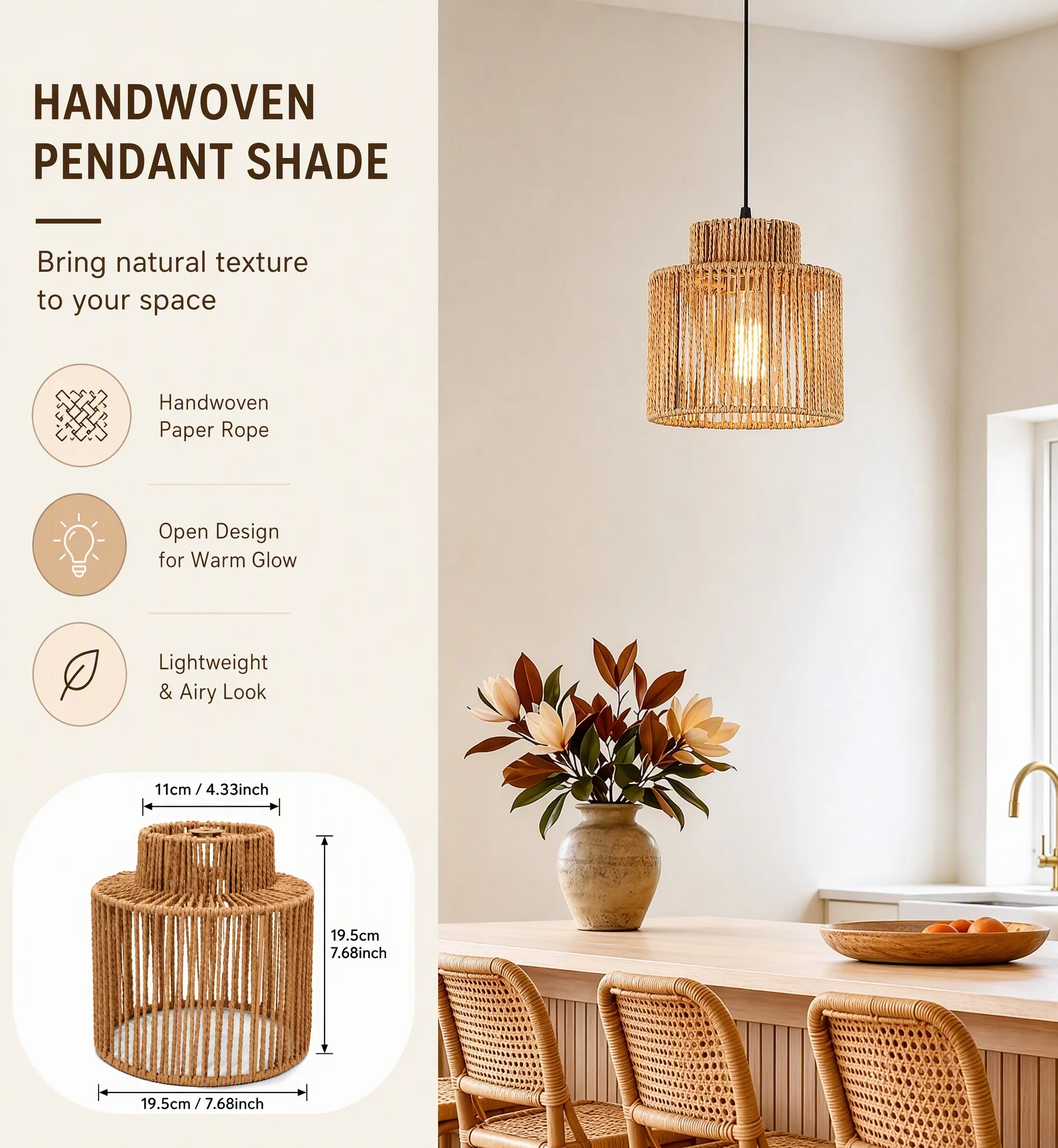 JOYINLED Rattan Pendant Light, Natural Woven Shade, Adjustable Cord, Boho Hanging Ceiling Lamp for Kitchen Dining Room & Bedroom