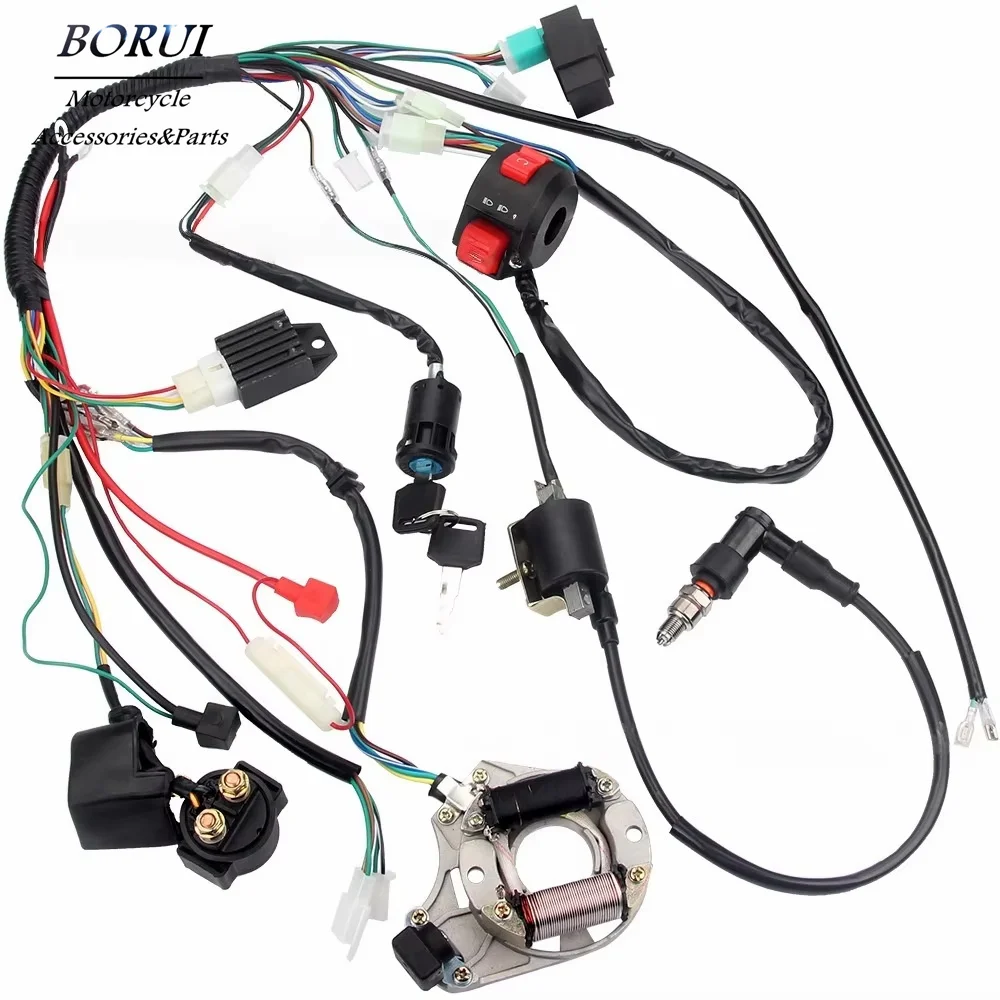 Ignition Coil Wiring Harness CDI Spark Plug Rectifier Solenoid Key Switch Kit for 70 90 110 125cc 4 Stroke Electric Start Quads