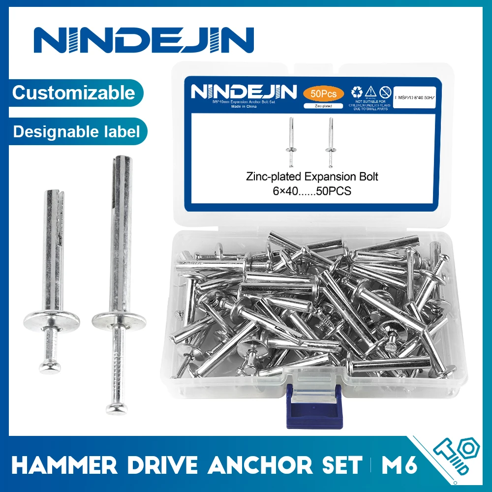 NINDEJIN 35/50pcs Hammer Drive Anchor Set Zinc Alloy Concrete Anchor M6 Nail-in Anchors Screw for Block and Brick