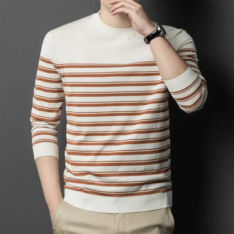 الخريف الشتاء الرجال محبوك سترة مخطط فضفاض الجولة الرقبة قاعدة طويلة الأكمام قميص ملابس للرجال منتصف العمر رقيقة سترة