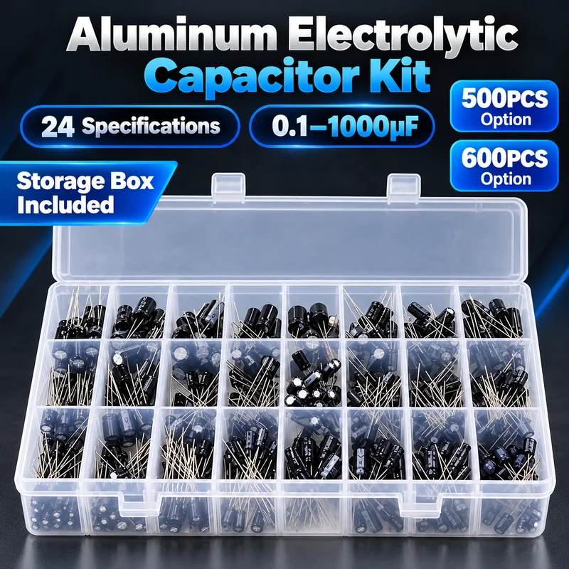 500/600PCS Aluminum Electrolytic Capacitor Assortment Kit 24 Types 0.1uF-1000uF Radial Through Hole with Storage Box
