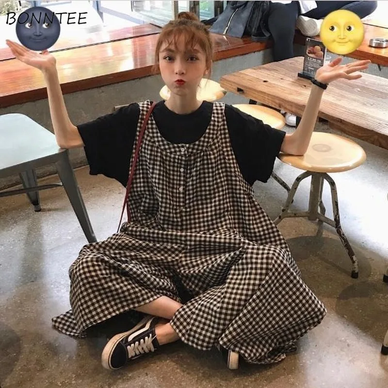 

Women Jumpsuits Plaid Wide Leg Single Breasted Big Pocket Sweet Cozy Korean Style College All-match BF Design Leisure Kawaii Ins