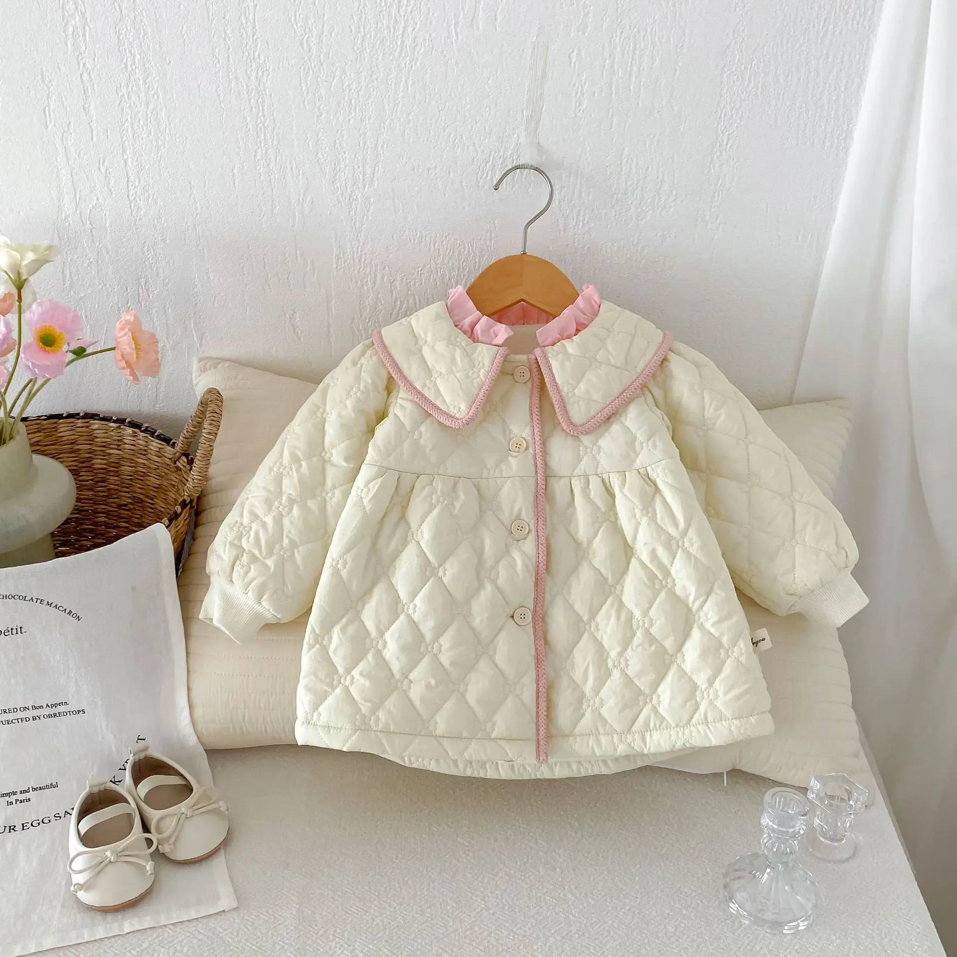 2024 Winter New Girls Plus Velvet Thick Warm Coat Solid Infant Cotton Padded Jacket Cute Lapel Princess Clothes Baby Clothes