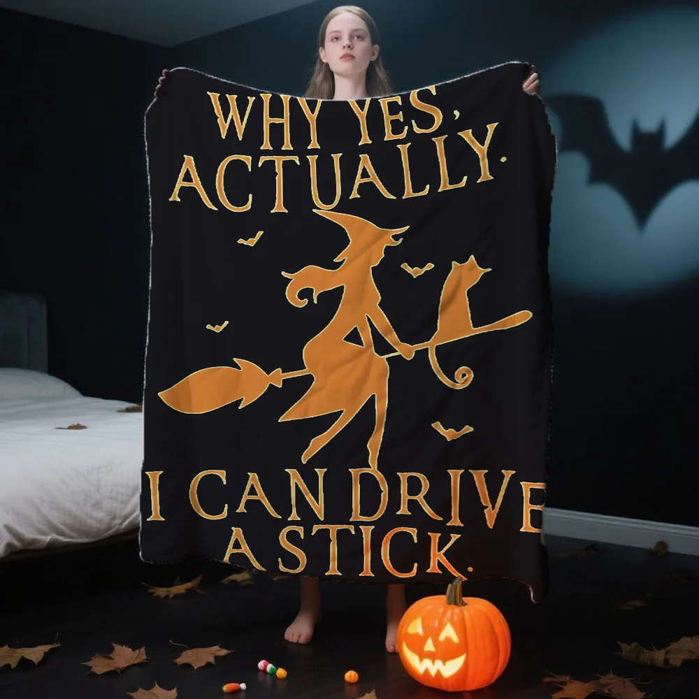 

1pc Witch Broomstick Halloween Throw Blanket - Lightweight Flannel with "Why Yes, Actually I Can Drive a Stick" Design | Black