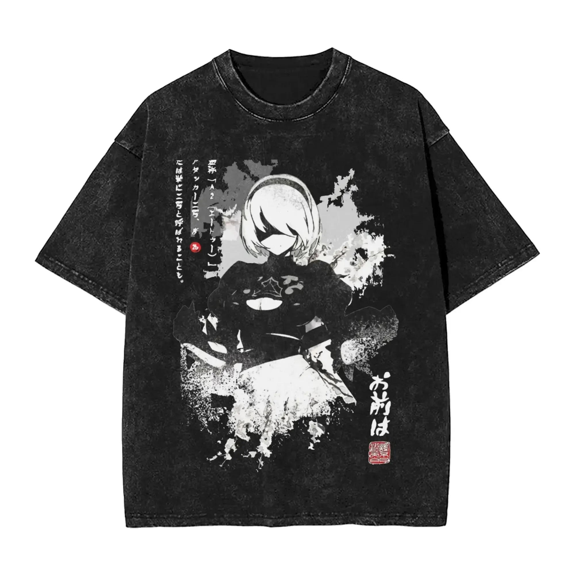 2026 Summer NieR Automata 2B YoRHa Anime Washed T-shirt Men Women Vintage Oversized Streetwear Harajuku Short Sleeve Cotton Tee