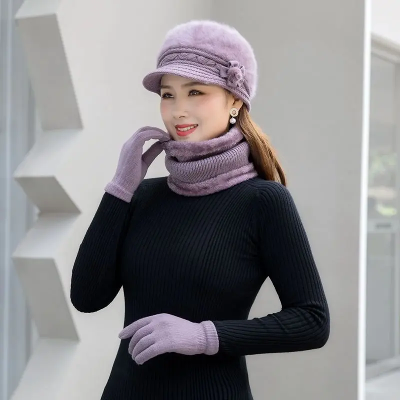 2025 New Women Hat Scarf Gloves 3 Pieces Set Thick Warm Knitted Scarves Beanies Glove Sets Russian Winter Accessories